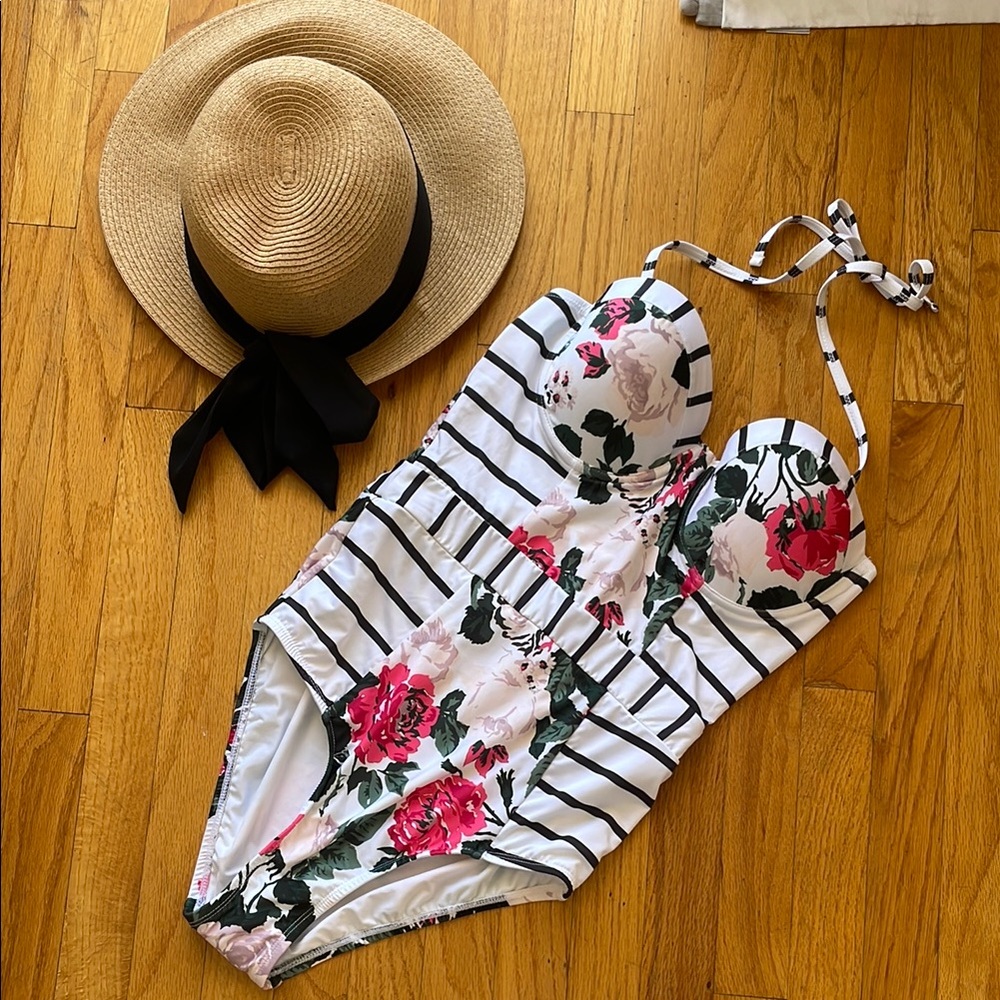 Modcloth Floral Striped One Piece Swimsuit